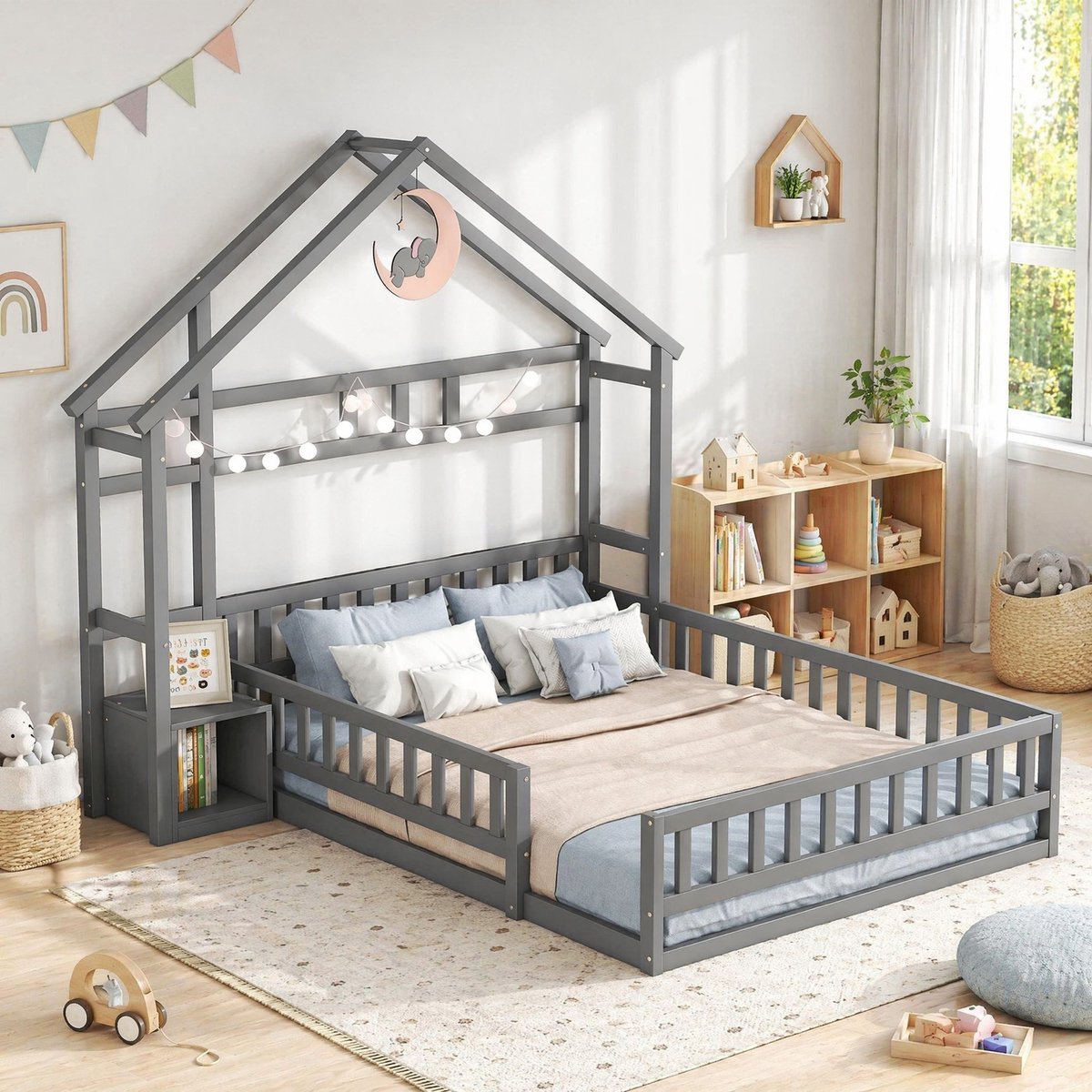 COVREO Kinderbed 140x200 cm grijs van hout en MDF met hekje en nachtkastje
