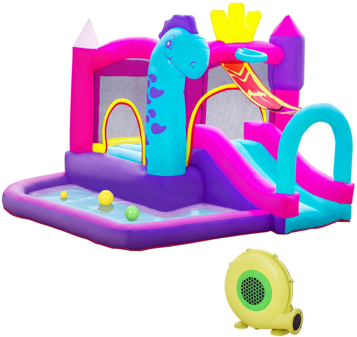 TEKROA® Opblaasbaar Springkussen met Glijbaan - Trampoline - Zwembad & Blower (350W) - Voor 3 Kinderen (3+ Jaar) - voor kinderen - buitenwaterpark