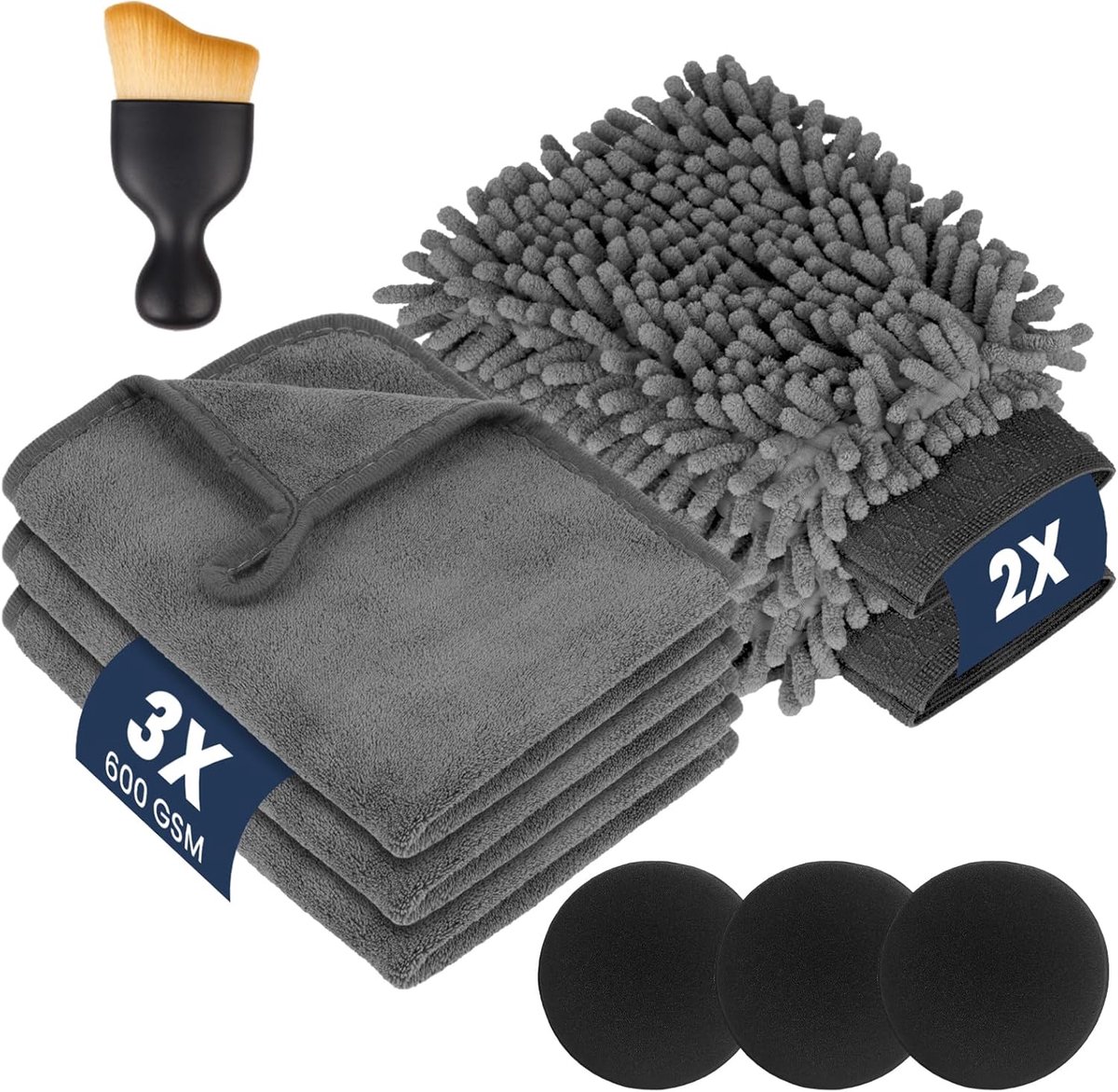 SnelShoppen - 9-delige auto schoonmaakset met 3 microvezel reinigingsdoeken, 2 microvezel washandjes, 600 g/m², 1 stofborstel, 3 ronde sponsen voor hu