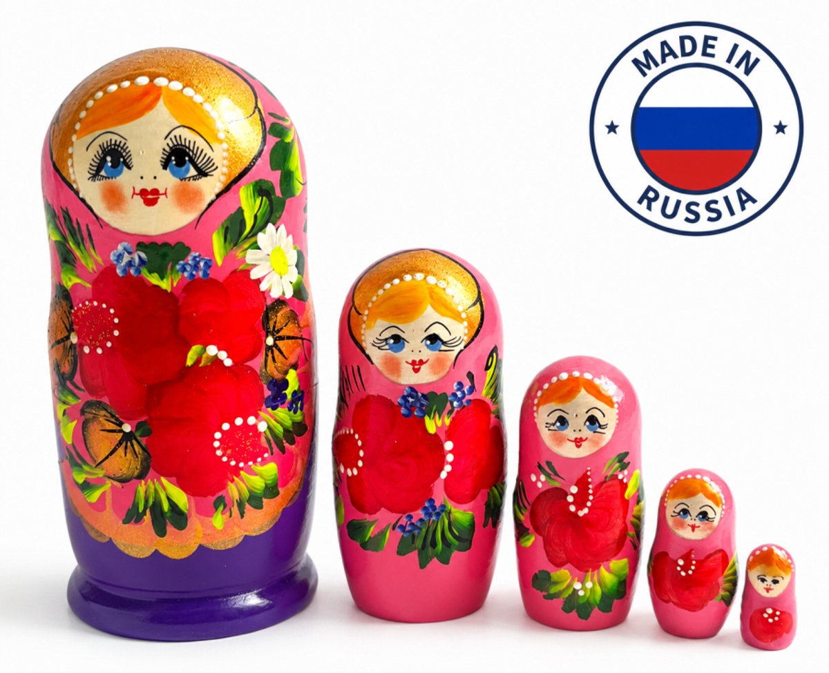 Houten Matroesjka poppen, Russische,babushka,15,50 cm hoog 5 delig handbeschilderd, duurzaam cadeau