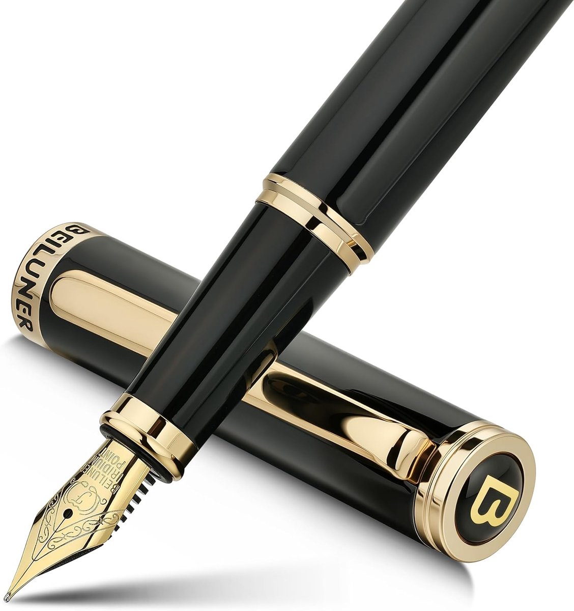 SnelShoppen - Luxe Vulpotlood met Pianoschildering, 24K Gouden Accenten, Gouden Geplateerde Nib, Ink Converter, Elegante Pen voor Hem & Haar - Zwart &