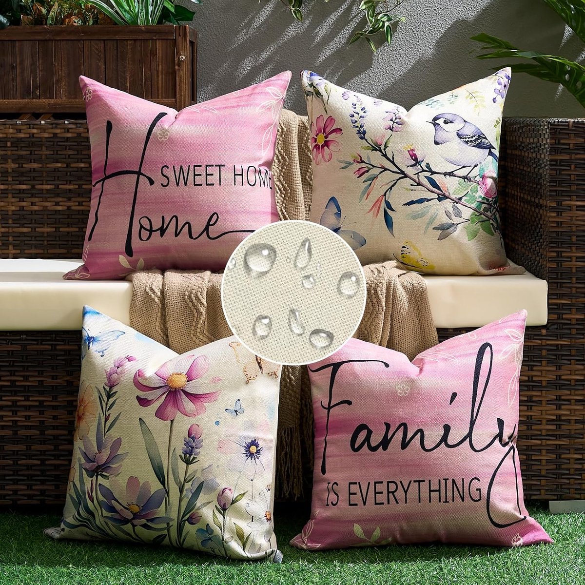 SnelShoppen - Outdoor Kussenhoezen Set van 4 - Waterdicht Kussenhoezen voor Tuin, Bank, Auto, Slaapkamer - Bloemen en Vogel Motief - 40x40 cm - Roze