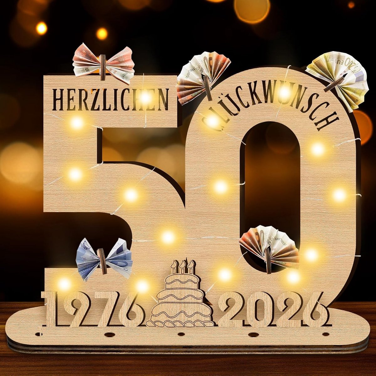 SnelShoppen - Verjaardagsdecoratie voor Mannen en Vrouwen, Houten Bord met LED, Gastenboek, Geldcadeaus, Persoonlijk Cadeau voor Feest of Jubileum