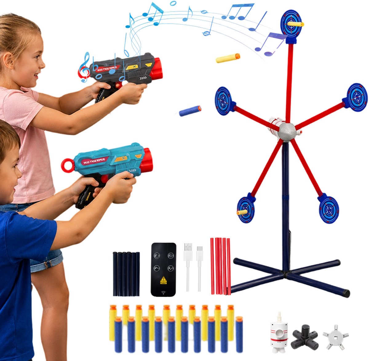 Draaiend schietdoel - Raket Doelset - 1200mAh - Kinderspeelgoed - 2 Snelheden & Geluid/Licht - Incl. 2 Pistolen & Darts - Afstandsbediening & USB Opladen - Voor Binnen & Buiten