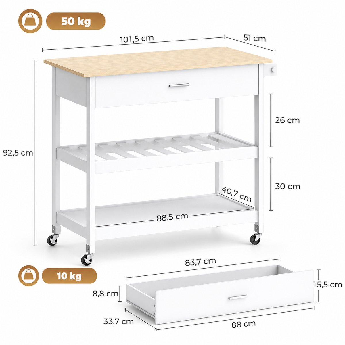 Sello! verrijdbaar keukeneiland – keukentrolley – ruime lade – wielen – twee opbergplanken – L108,8 × B51 × H92,5 cm – wit