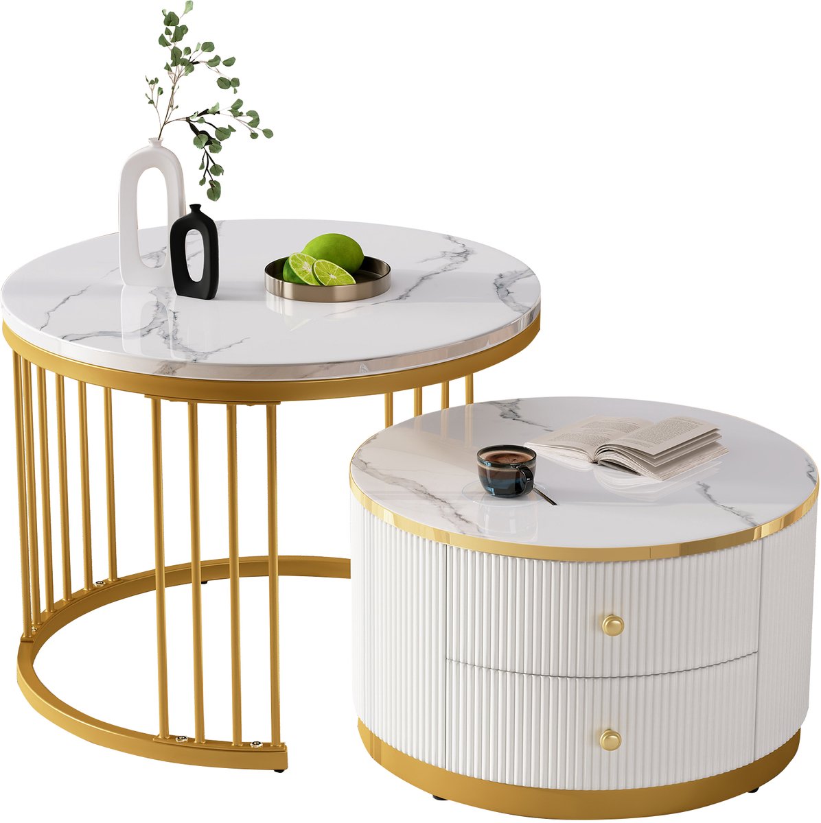 COVREO 2-delige salontafel set 60 en 50 cm wit MDF hoogglans marmerlook fineer met 2 lades