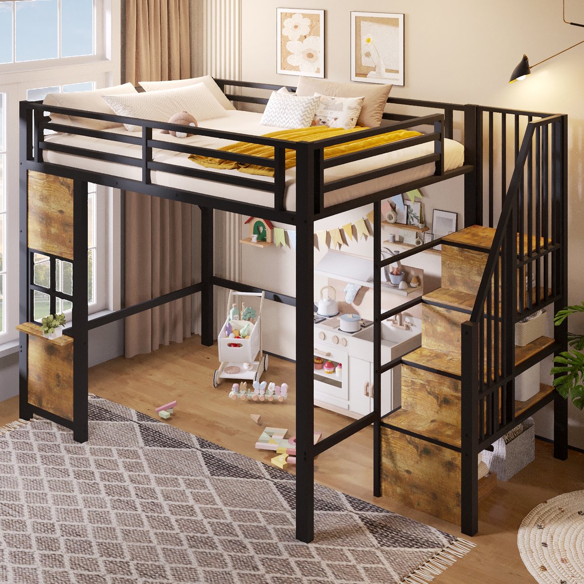 Hoogslaper 140 x 200 cm - opbergplanken - open opbergruimte onder het bed - raamdesign - zonder matras - zwart
