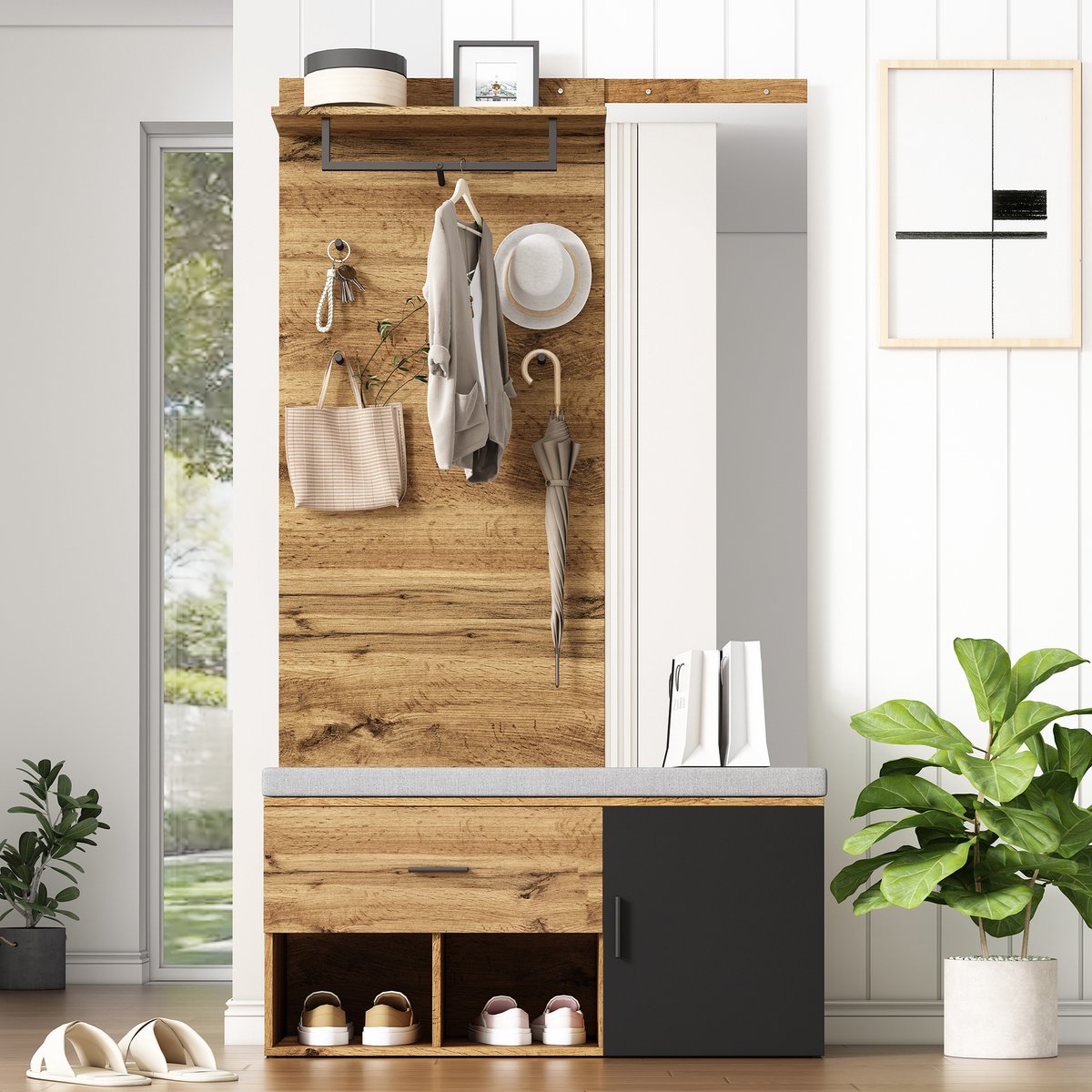 Kledingkastset van 190 cm hoog in houtlook met spiegel - schoenenbankje (104 x 39 cm) met kussen - schoenenkastje - lade - plank en kapstokhaken – Praktisch ontwerp voor de entree.