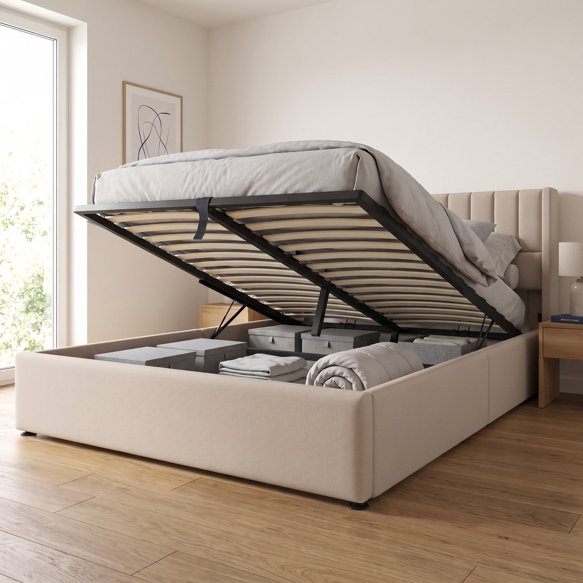 Gestoffeerd Opbergbed 160x200 cm - Tweepersoonsbed met hydraulisch opbergruimte - Lattenbodem - Linnen - Beige