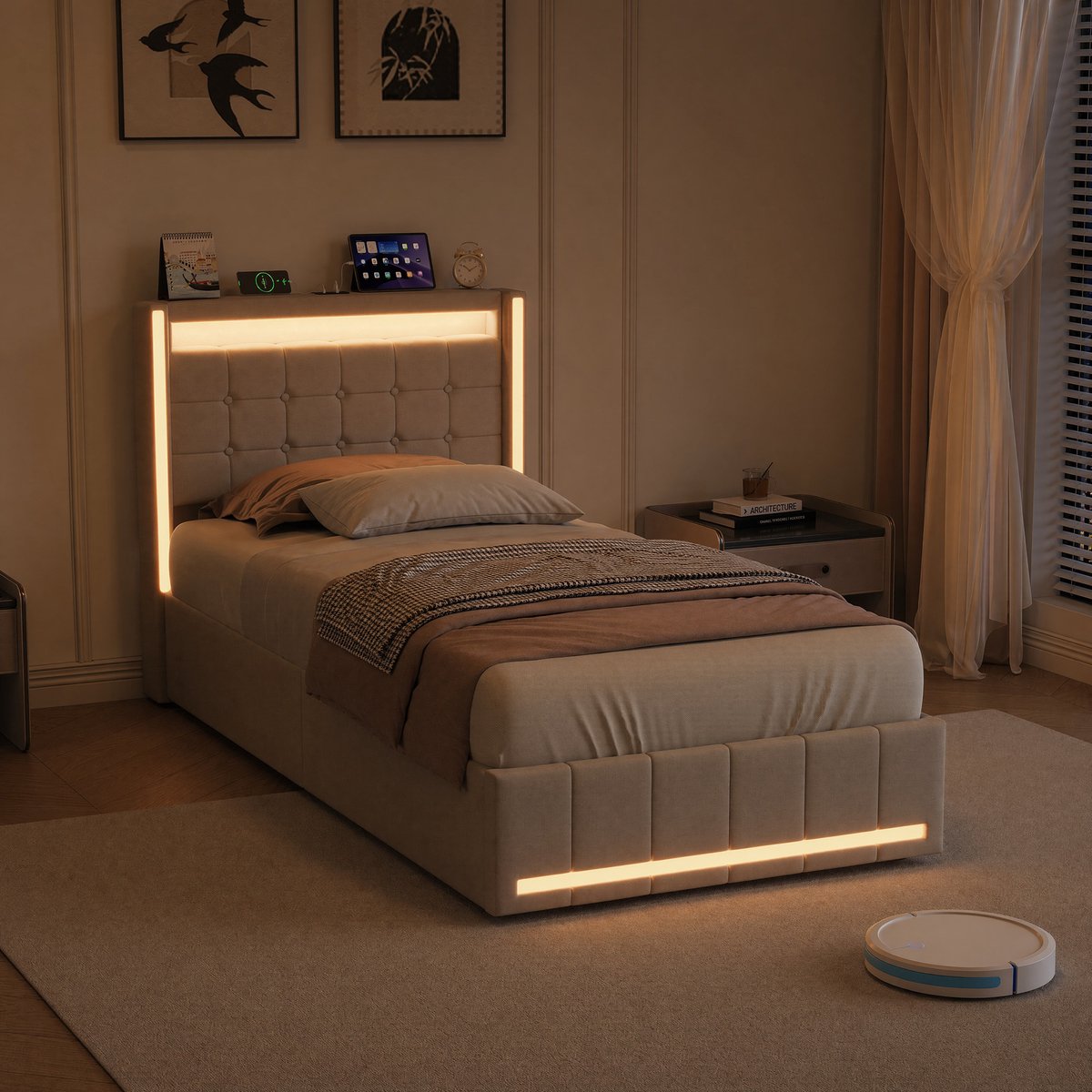 Opbergbed 90x200 cm Beige Linnen - Eenpersoonsbed met Hydraulische Opbergruimte, USB-Laadstation en LED-verlichting