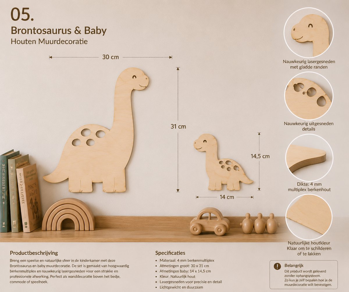 Houten Brontosaurus Muurdecoratie met Baby – Dino Wanddecoratie Kinderkamer – Berkenmultiplex