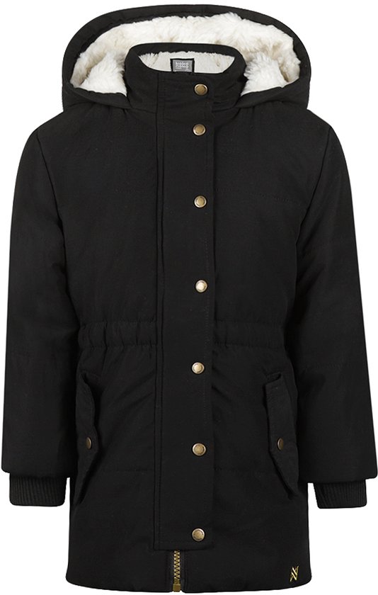 Zwarte Koko Noko winterjas met goudkleurige drukknopen, teddyvoering en capuchon.