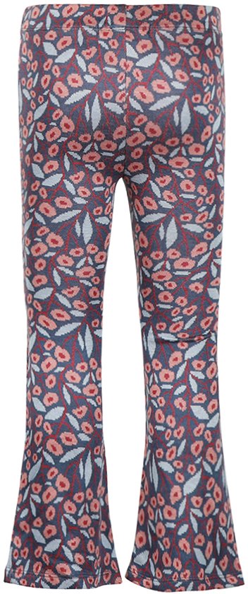 Achterkant van een donkerblauwe flared broek met rood bloemen en grijsgroene bladeren patroon.