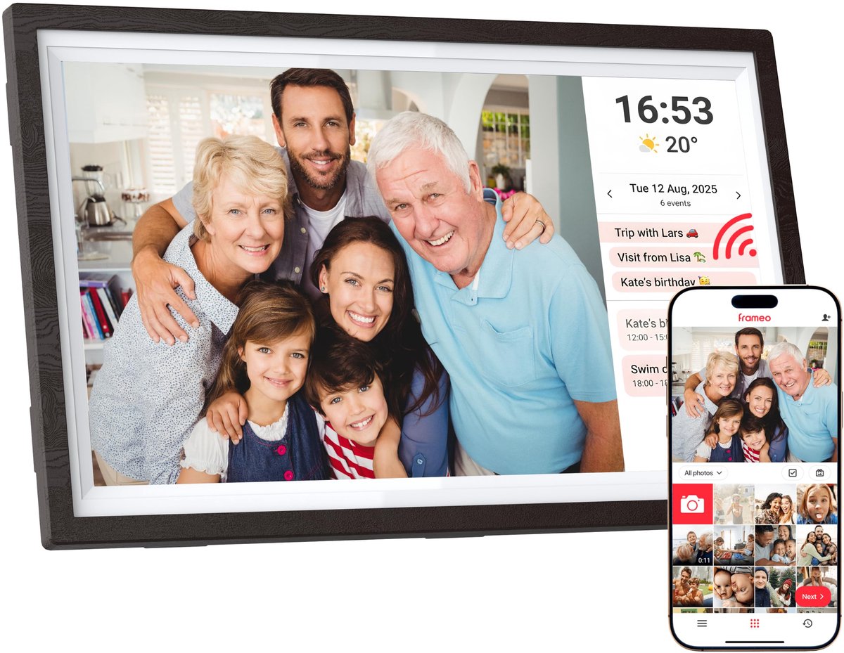 SnelShoppen - 15,6 inch WLAN digitale fotolijst met touchscreen, 1366 x 768 IPS, 32GB opslag, deel foto's en video's via Frameo-app, ideaal voor thuis