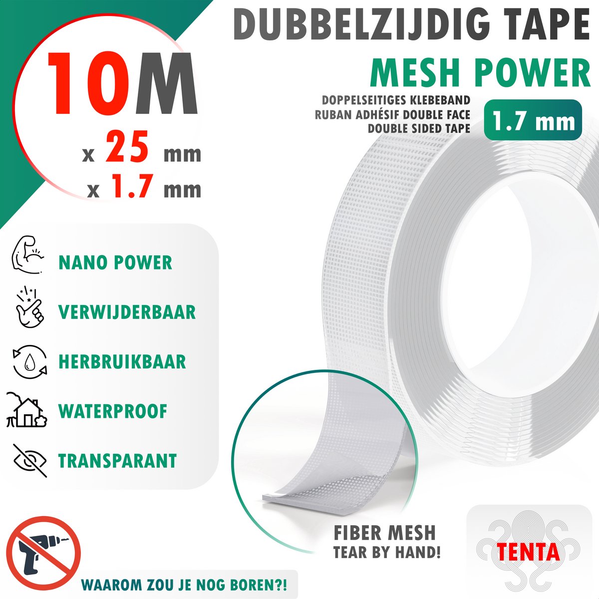 Dubbelzijdig Tape Extra Sterk 10m x 25mm x 1.7mm - TENTA Mesh Power