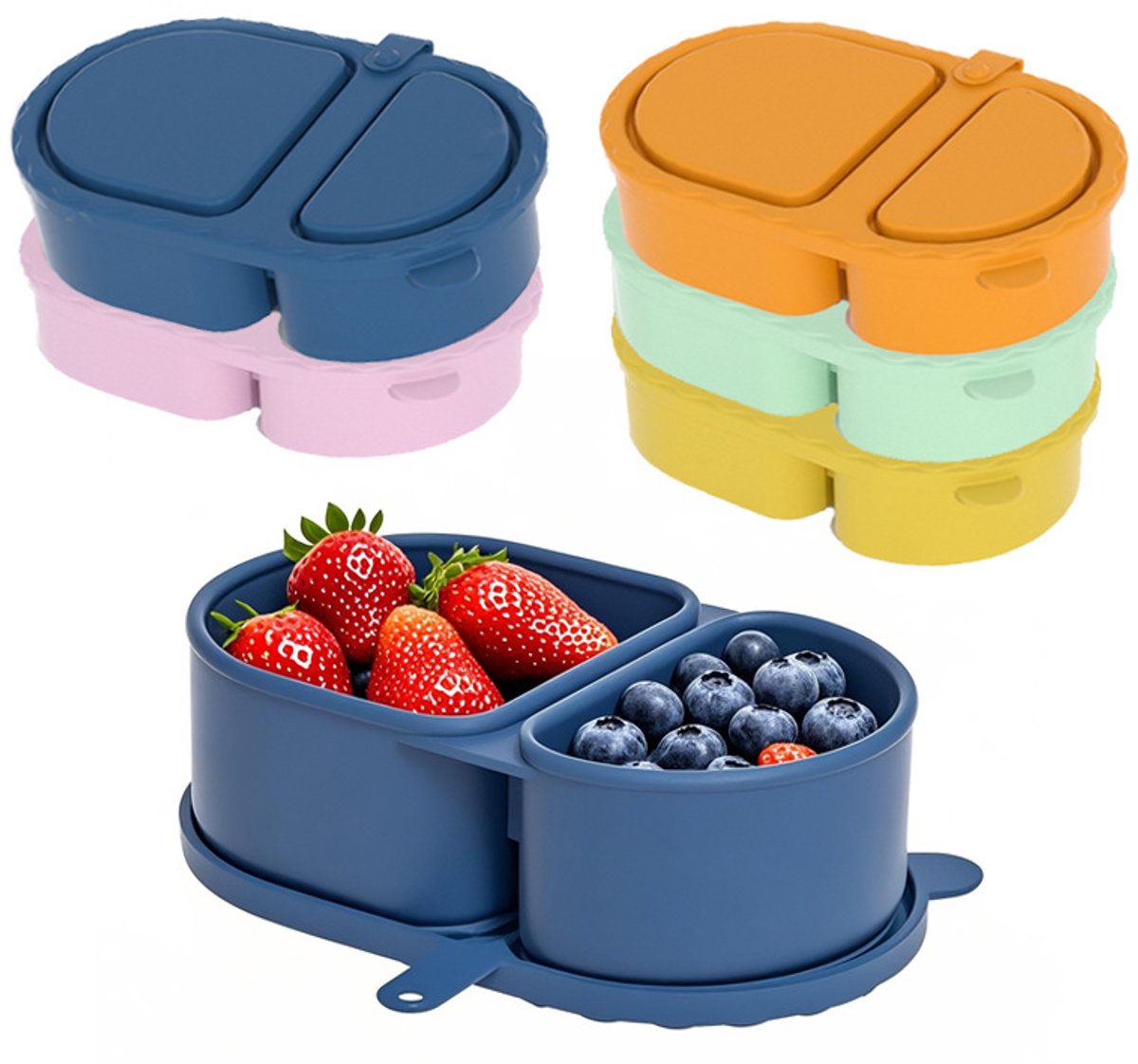 Bobypet Siliconen Snackbox met 2 Vakken - Lekvrije Voedselopslag Doos met Deksel - BPA-vrije Snack Organiser voor School en Reizen - 5Stuks