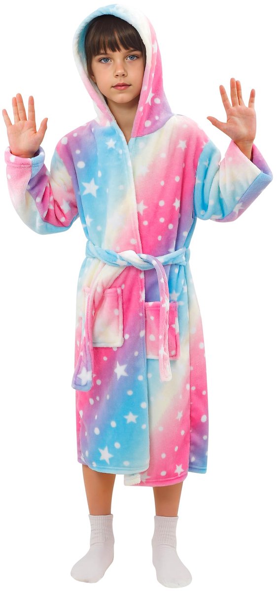 SnelShoppen - Knuffelzachte Badjas voor Meisjes, Pluizige Regenboog Pluche Ochtendjas met Capuchon, 2 Zakken, Kinderbadjas 5-12 Jaar, Roze, Maat 152