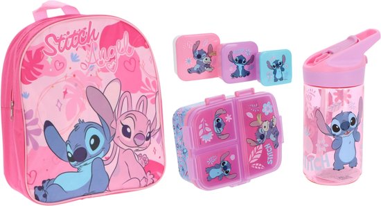 Roze Lilo & Stitch schoolset: rugzak, lunchbox, drie bakjes en drinkfles met Stitch en Angel.
