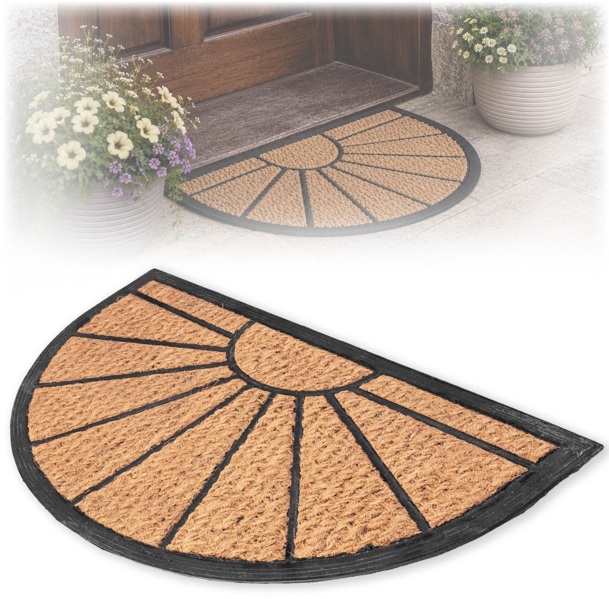 KADAX kokosmat 40 x 60 cm, halfronde deurmat van kokos en rubber, antislip deurmat voor buiten, vuilvangmat met rubberen onderkant (gestreept patroon) bruin, zwart
