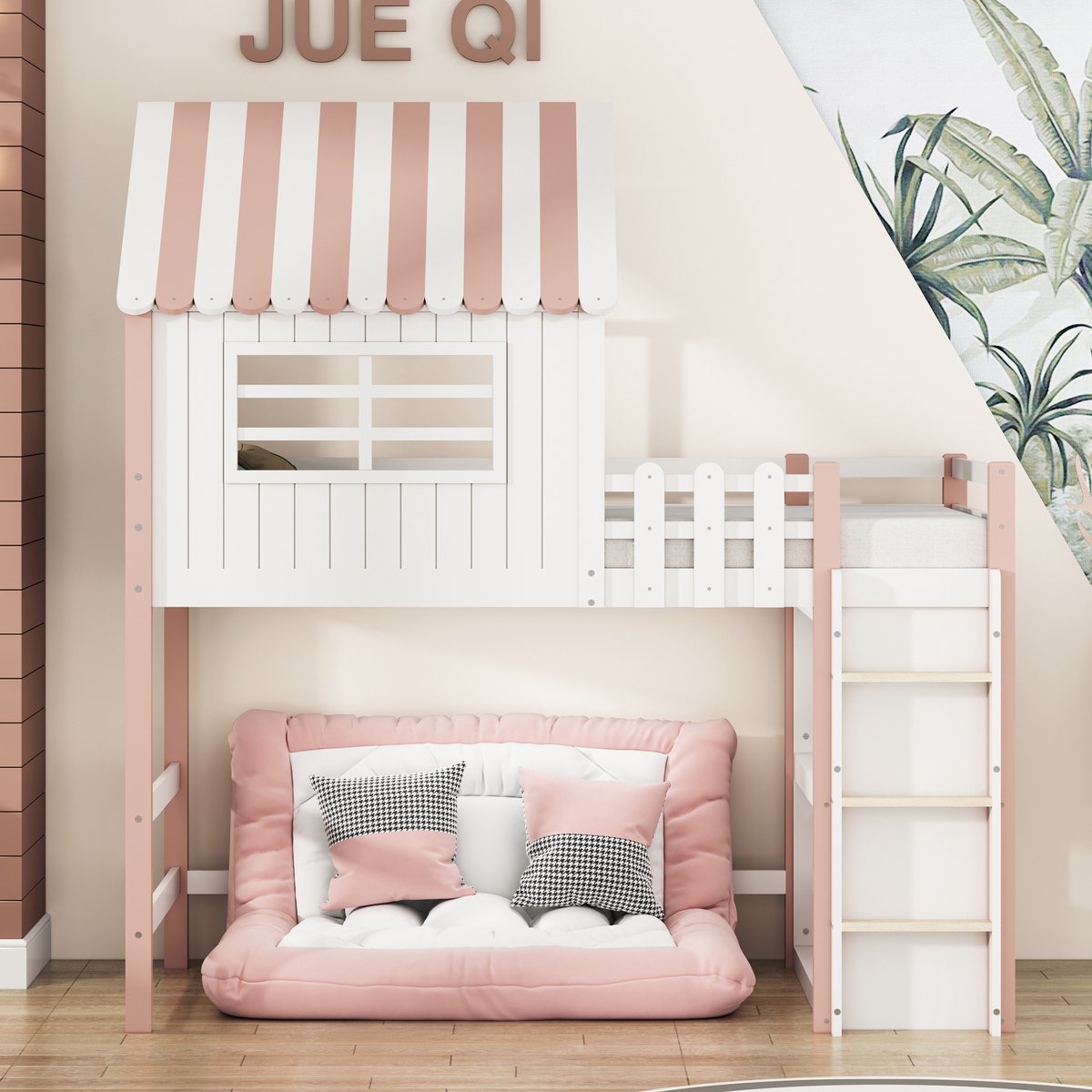 COVREO Kinderbed 208x102x218,5 cm - roze, hout en MDF, met veiligheidsladder en lattenbodem