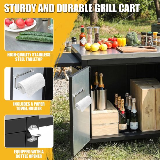 Grillwagen met roestvrijstalen werkblad, inklapbare zijplanken en wielen voor buitenkeuken, barbecue en tuingebruik — afbeelding 2
