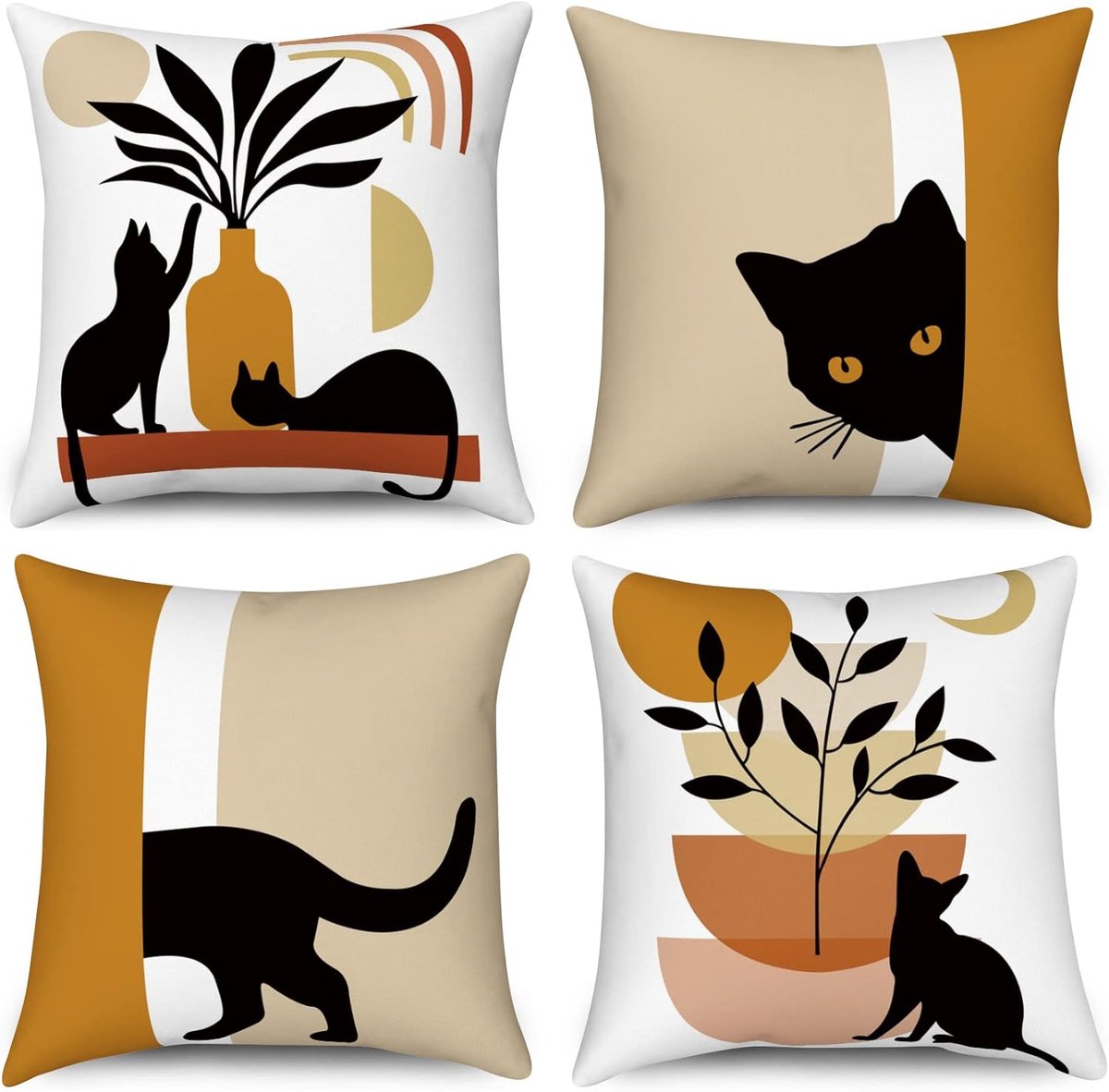 SnelShoppen - Set van 4 Boho Kussenhoezen 40 x 40 cm, Abstract Zwart Kat Plant Zon Maan Decoratieve Kussenslopen, Modern Minimalistisch Art Aesthetic