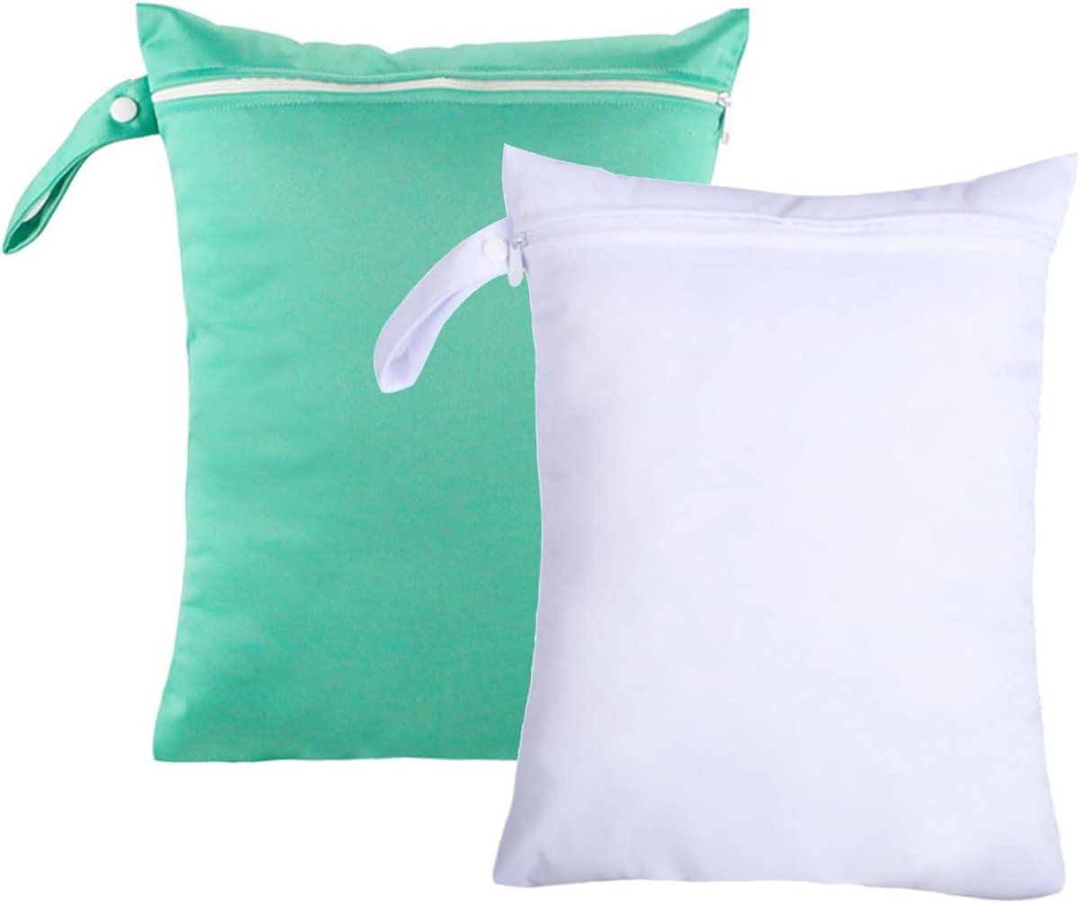 SnelShoppen - Wetbag 2-Pack, Waterdicht, Herbruikbaar met Rits voor Zwemkleding, Peuters, Luiers, Groene en Witte Kleuren, Ideaal voor Zwembad en Stra