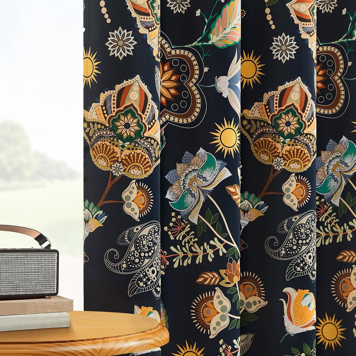 SnelShoppen - Zwarteout Gordijnen Set van 2 - 228 cm Lengte - Navy Blauw met Botanische Print - Boho Vintage Thermische Isolatie voor Slaapkamer