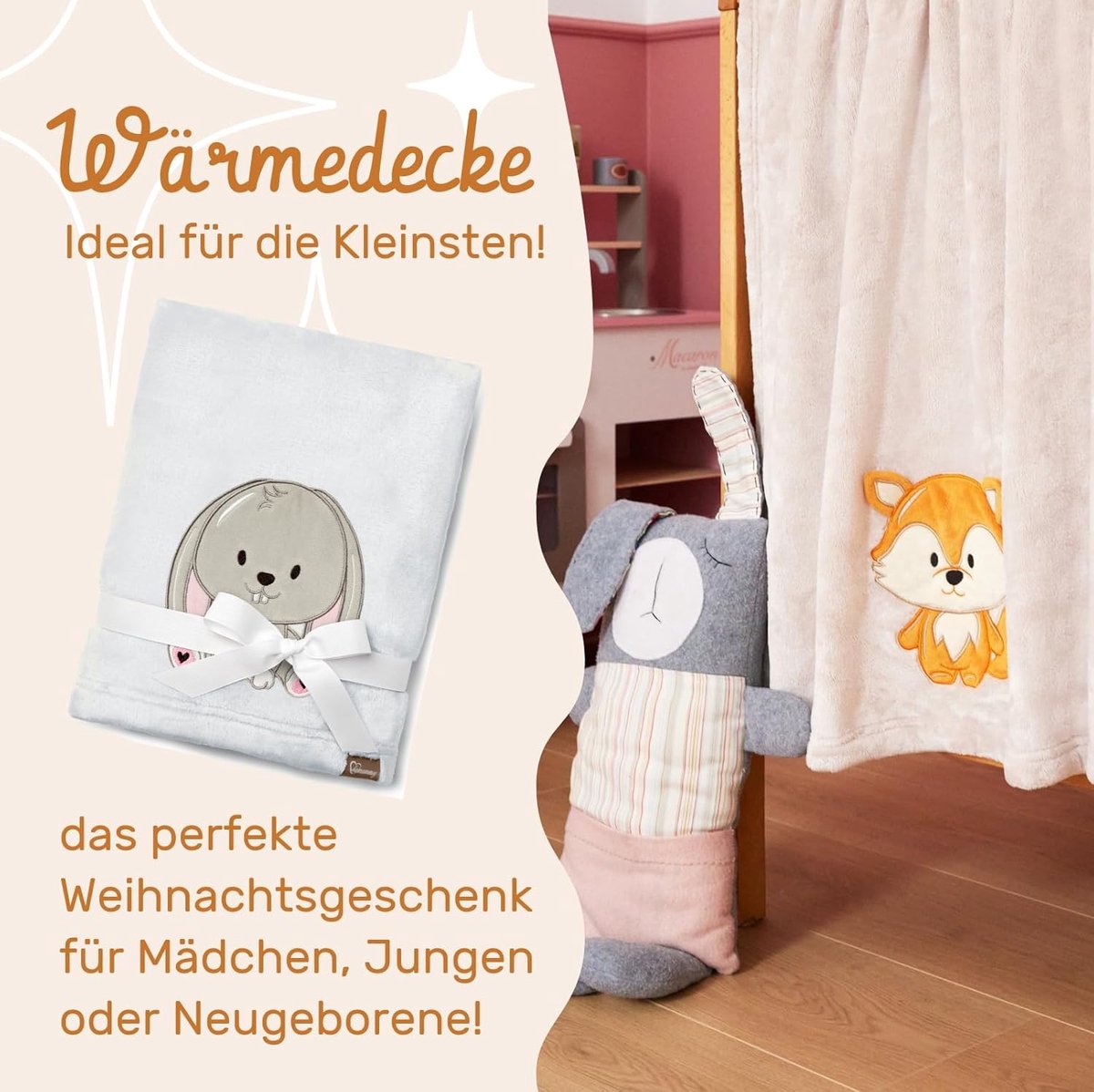 SnelShoppen - Warm Kinderdeken Cuddle Geschenk voor Kinderen met 3D Applicatie - Hypoallergene Microfiber - Lichtgrijs Konijn - Perfect voor Herfst en