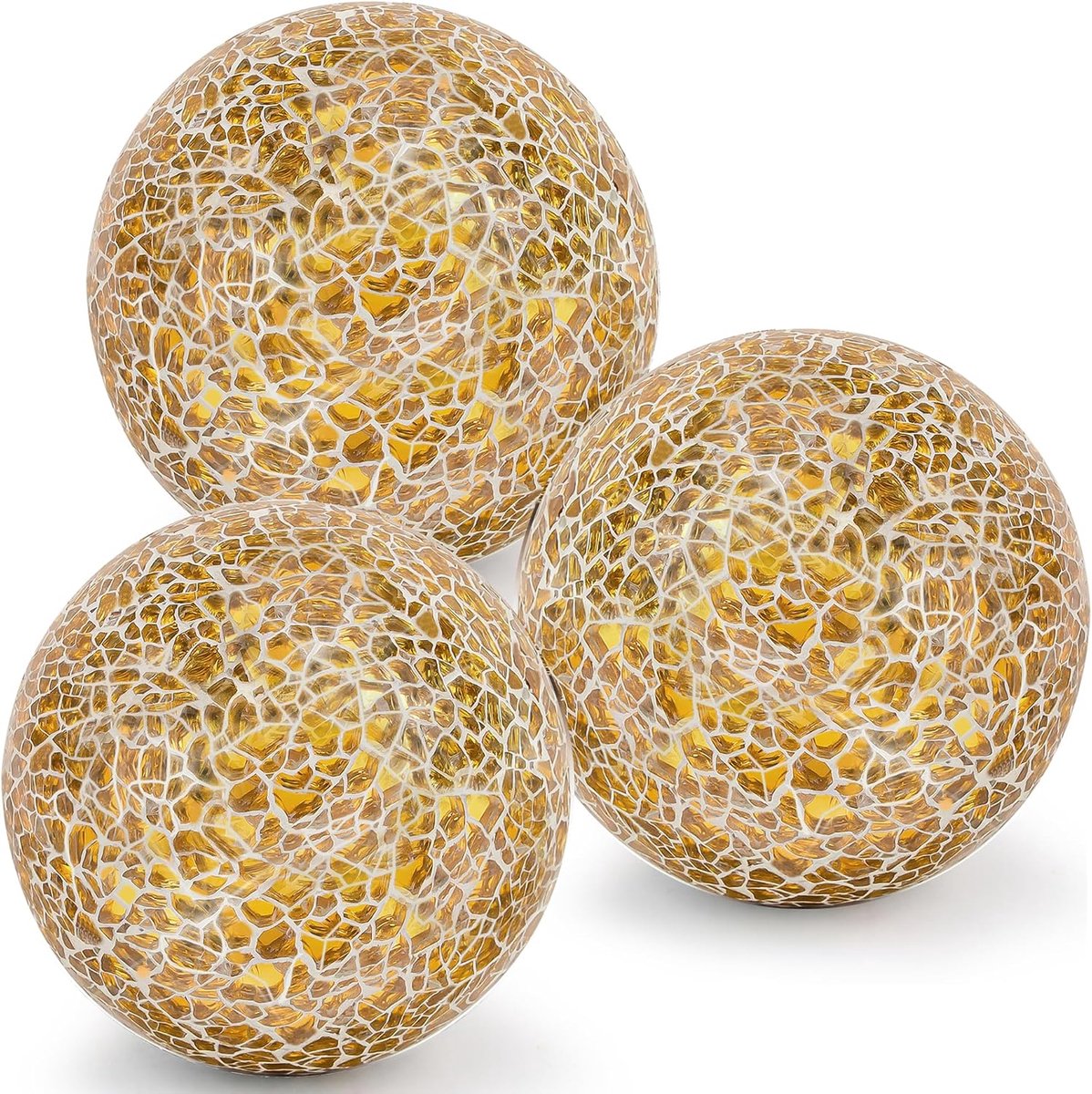 SnelShoppen - 3Pcs Mosaic Glass Ball 8cm Rond - Gouden Crackle Orbs - Vaas Vuller voor Tafel Centerpiece - Kerst & Thanksgiving Decoratie