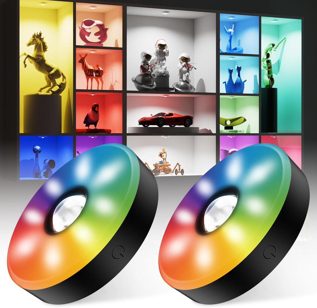 SnelShoppen - Puck Lights met Afstandsbediening, Kleurrijke LED Puck Lights met Dimmer en Dynamisch Regenboog Effect, Oplaadbare Onderkast Verlichting