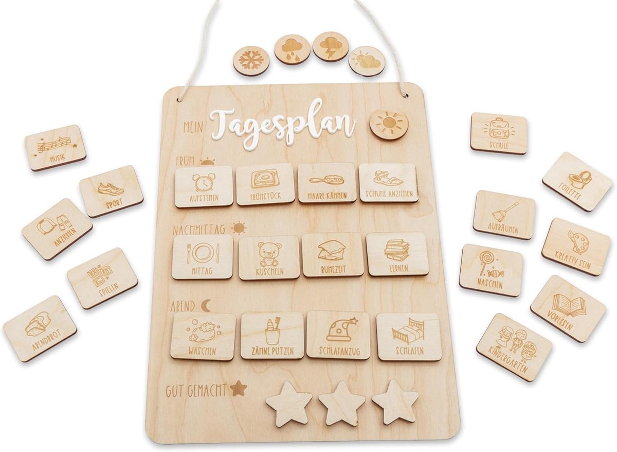 SnelShoppen - Houten Dagschema voor Kinderen met 24 Routinekaarten en Stemmingskaarten - Visuele Planner met Beloningssterren - Speelgoed voor Structu