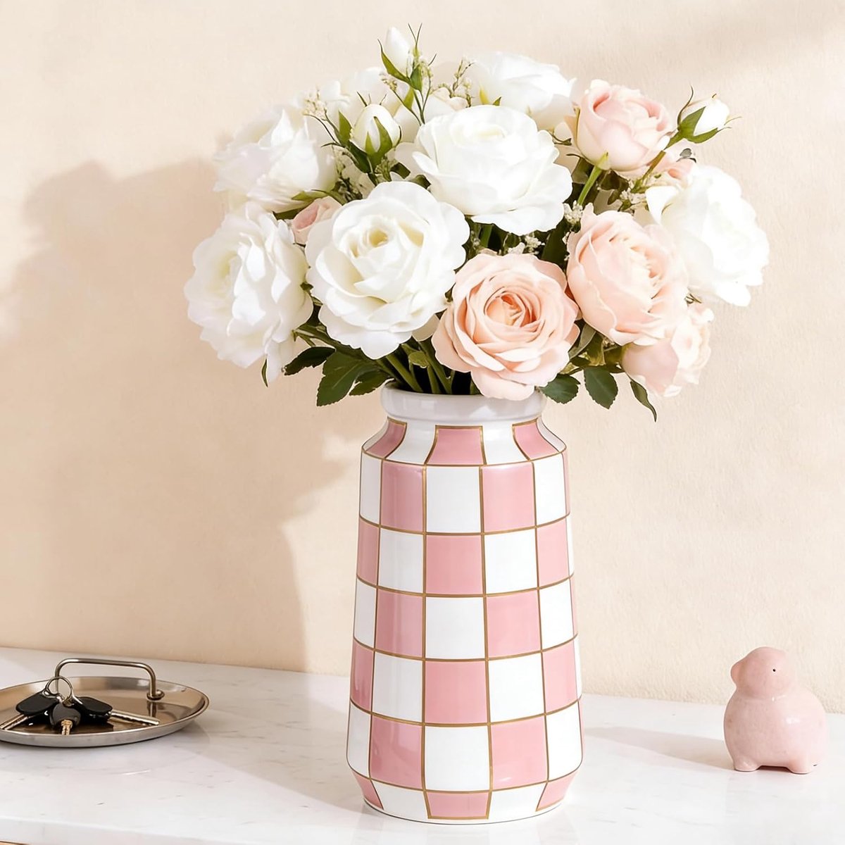 SnelShoppen - Zwart Witte Keramische Vaasje Mid Century Modern Ruit Vazen voor Bloemen en Pampasgras als Tafeldecoratie, Minimalistische Decoratieve V