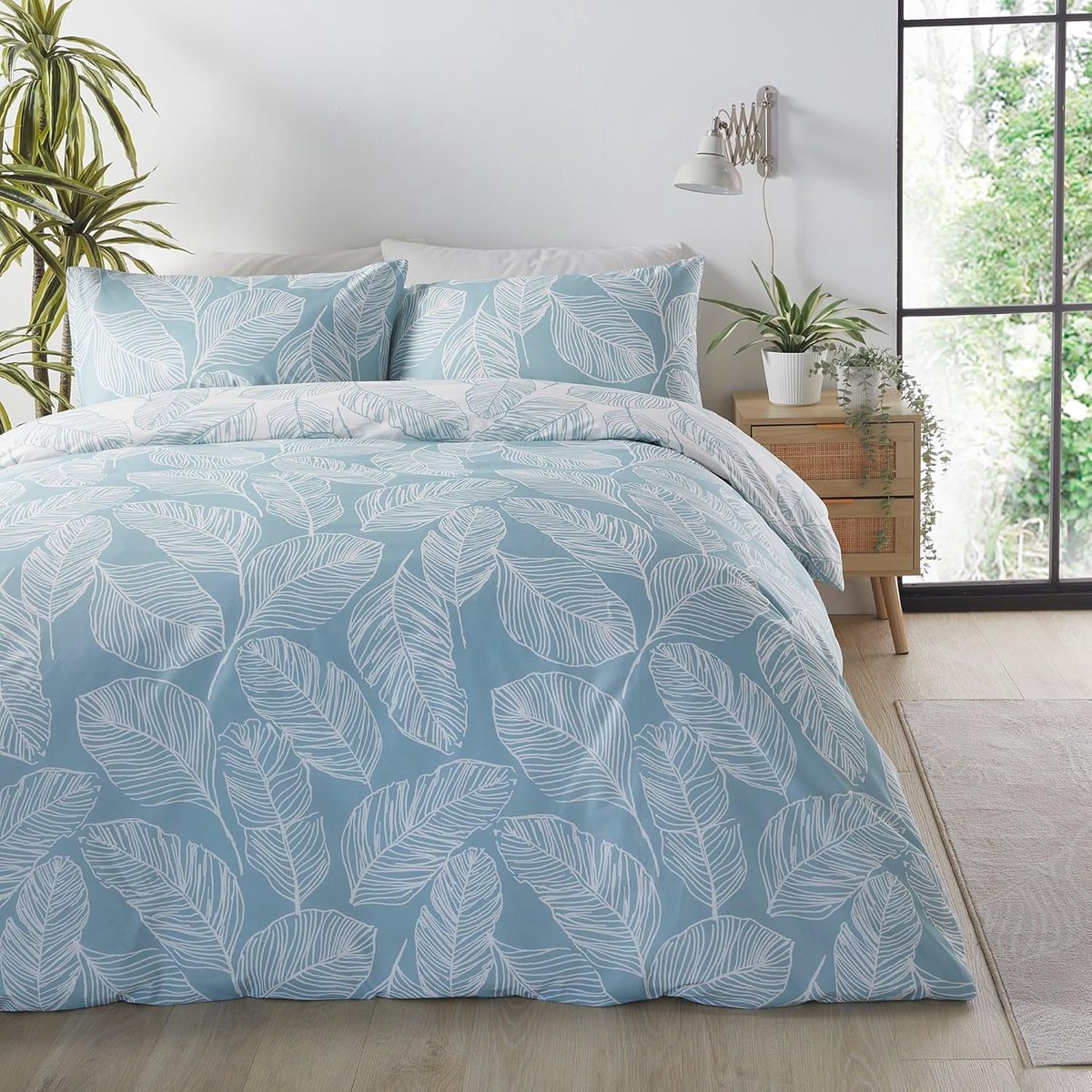 SnelShoppen - Duvet Dekbedovertrek Set Enkel 135 x 200 cm - Reversible Design met Palmblad Motief - Duck Egg Blue en Wit - Polycotton Bedlinnen voor S