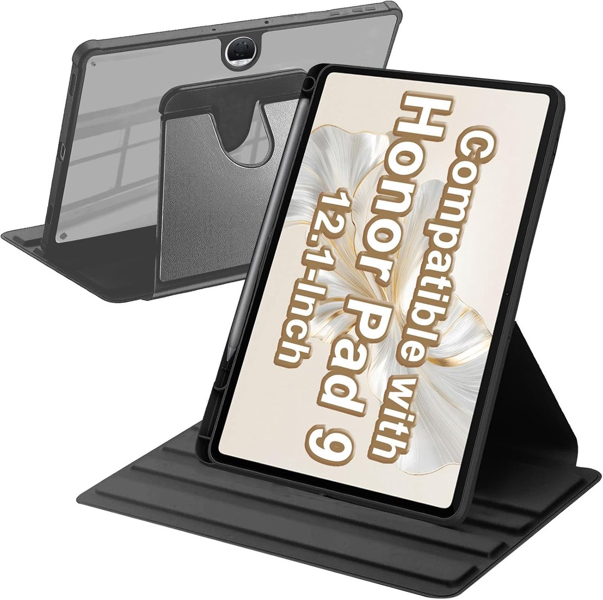 SnelShoppen - Case voor Honor Pad 9 12.1 inch 2023 met Penhouder, Automatische Wake/Sleep, Slanke Transparante Rotating Stand, Zwart