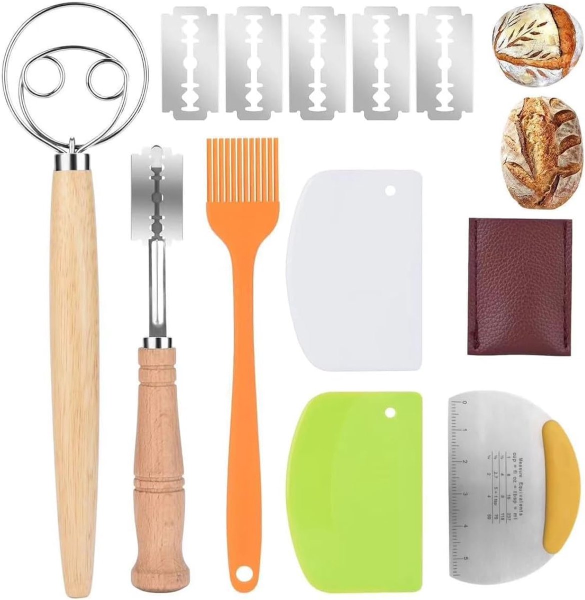 SnelShoppen - 12-delige Bakkermessenset met Deeggarde, Deegschrapers, Bakborstel en Beschermhoes - Professionele Bakaccessoires voor Brood en Deeg - H