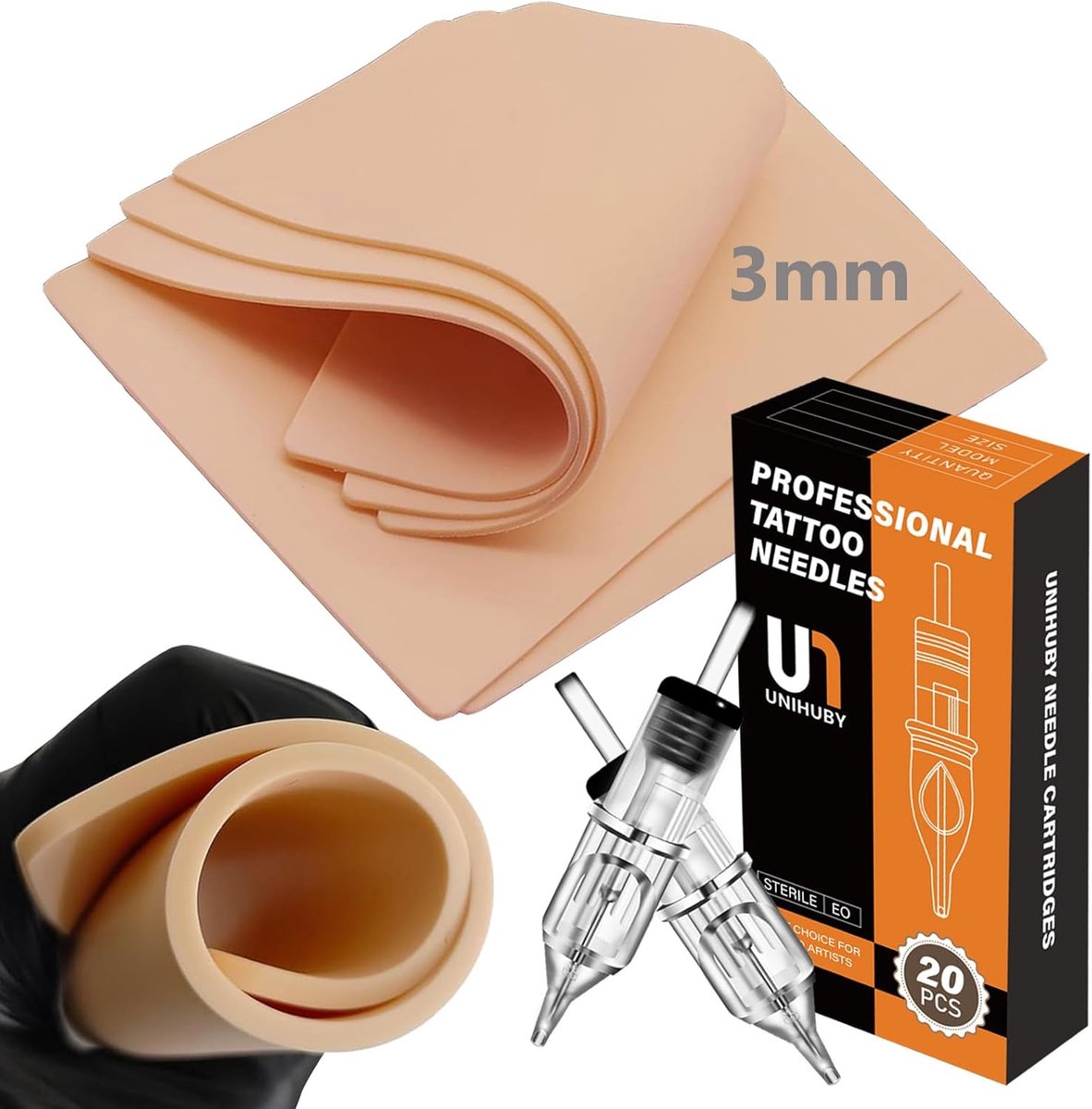 SnelShoppen - Tattoo Practice Skin Set 3mm met 20 Stuks 1203RL Tattoo Naalden - Perfect voor Beginners en Ervaren Tattoo Artists - Dubbelzijdig Gebrui