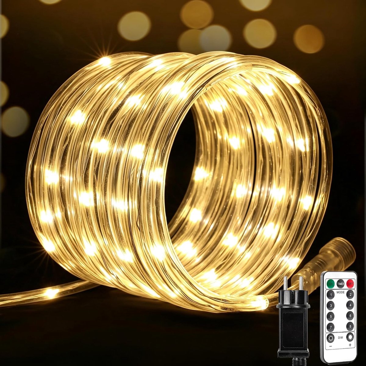 SnelShoppen - Lichtsnoer 20 m Aansluitbaar met 200 LEDs Warm Wit, Waterdicht, Inclusief 2 Slangen van 10 m met 100 LEDs, Afstandsbediening en 8 Verlic
