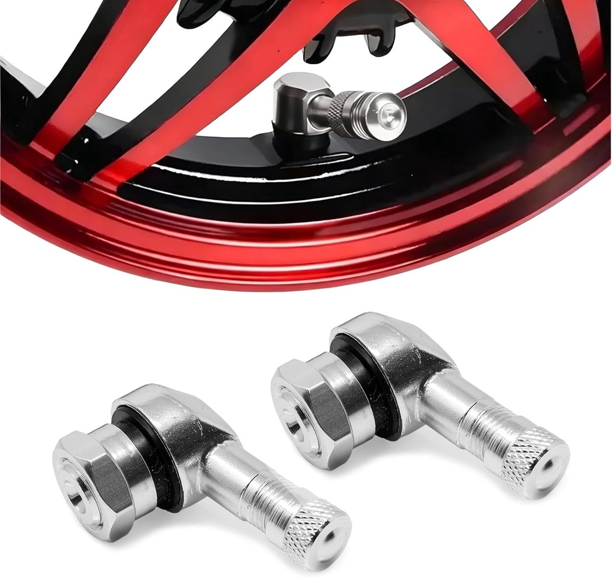 SnelShoppen - 2 Stuks 90 Graden Motorbandenventiel, Tubeless Ventielstang van Zilverkleurig Aluminium met Rubberen Afdichting, Adapter voor Motorfiets