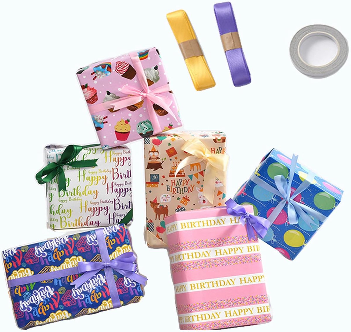 SnelShoppen - Cadeaupapier Verjaardag Set van 6 Vellen 70x50 cm met Koord en Plakband - Kleurrijk Happy Birthday Cadeaupapier voor Feesten en Verjaard