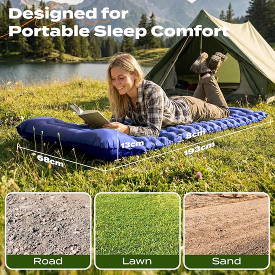 Zelfopblazende slaapmat - Kampeer matras - Outdoor slapen - Geïntegreerd hoofdkussen - 8 cm dik - Marineblauw — afbeelding 3