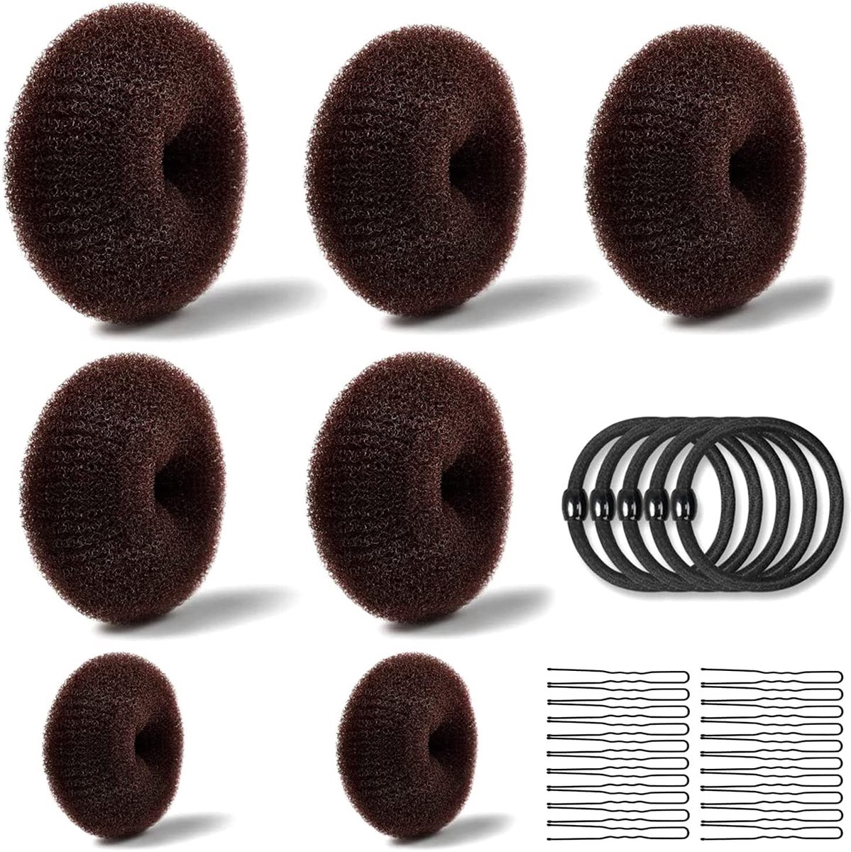 SnelShoppen - 7-delig Haar Donut Set voor Chignon met 4 Elastische Haarbanden en 10 U-vormige Haarspelden - Lichtgewicht, Duurzaam, Voor Alle Haarsoor