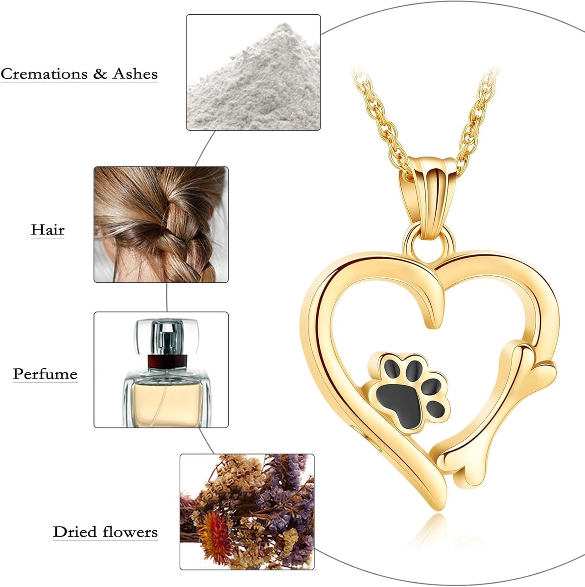 SnelShoppen - Paw Print Urn Necklace Hart Locket Ketting voor As Dier Charm Hanger Crematie Sieraden Herinnering voor Honden en Katten in Goud