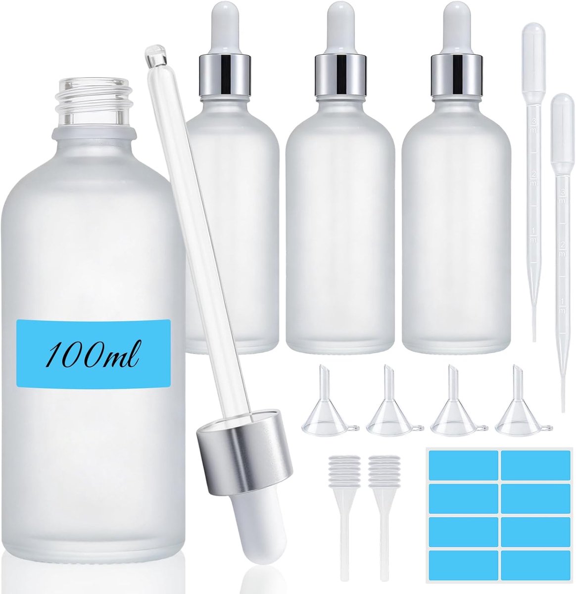 SnelShoppen - 4Pcs Pipette Flessen 100ml, Glazen Pipette Flessen met 9 Accessoires, Druppelflessen met Witte Glazen Doppen voor Essentiële Olie, Parfu