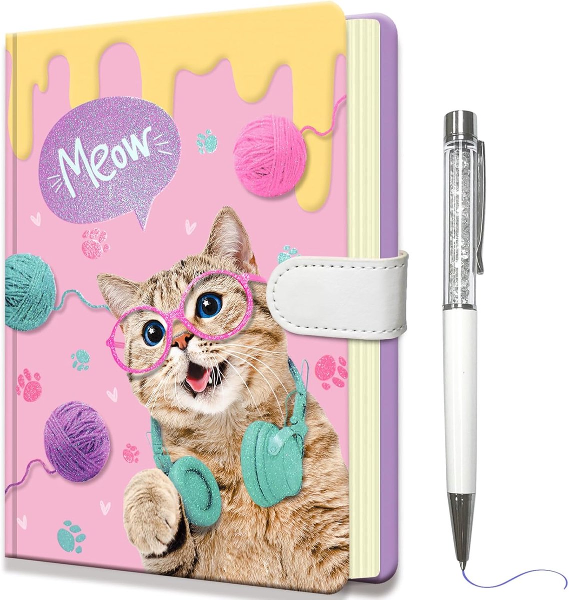SnelShoppen - Kat-Notitieboekje voor Meisjes 19x13,5cm met Pen, 192 Gelinieerde Pagina’s, Hardcover Kinderboekje met Magnetische Sluiting, Perfect Cad