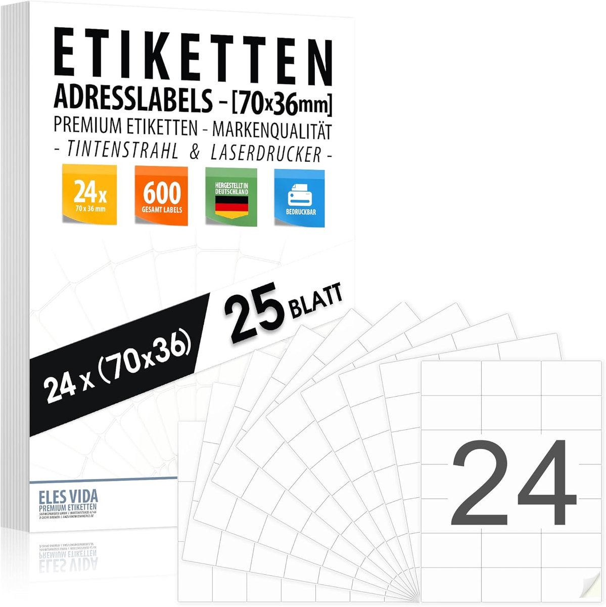 SnelShoppen - Self-adhesive Adreslabels 70 x 36 mm - 25 Vellen met 24 Stickers per Vell - Printbare Labels voor Inkjet en Laserprinters - Ideaal voor