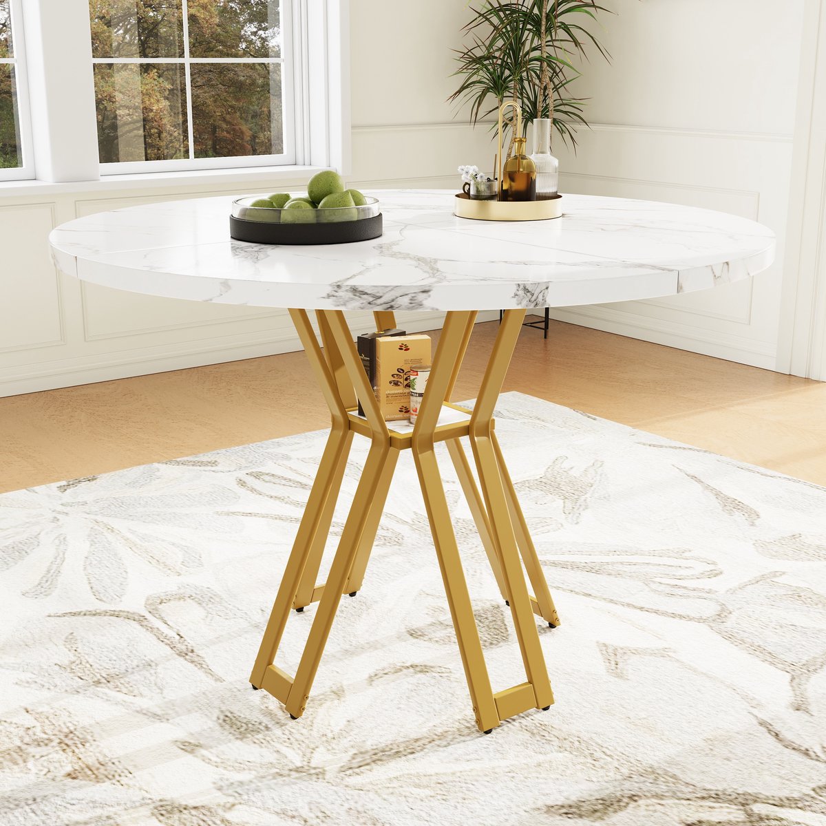 COVREO Ronde eettafel 100x100x76 cm – wit marmerlook fineer MDF, gouden metalen poten, voor 4-6 personen