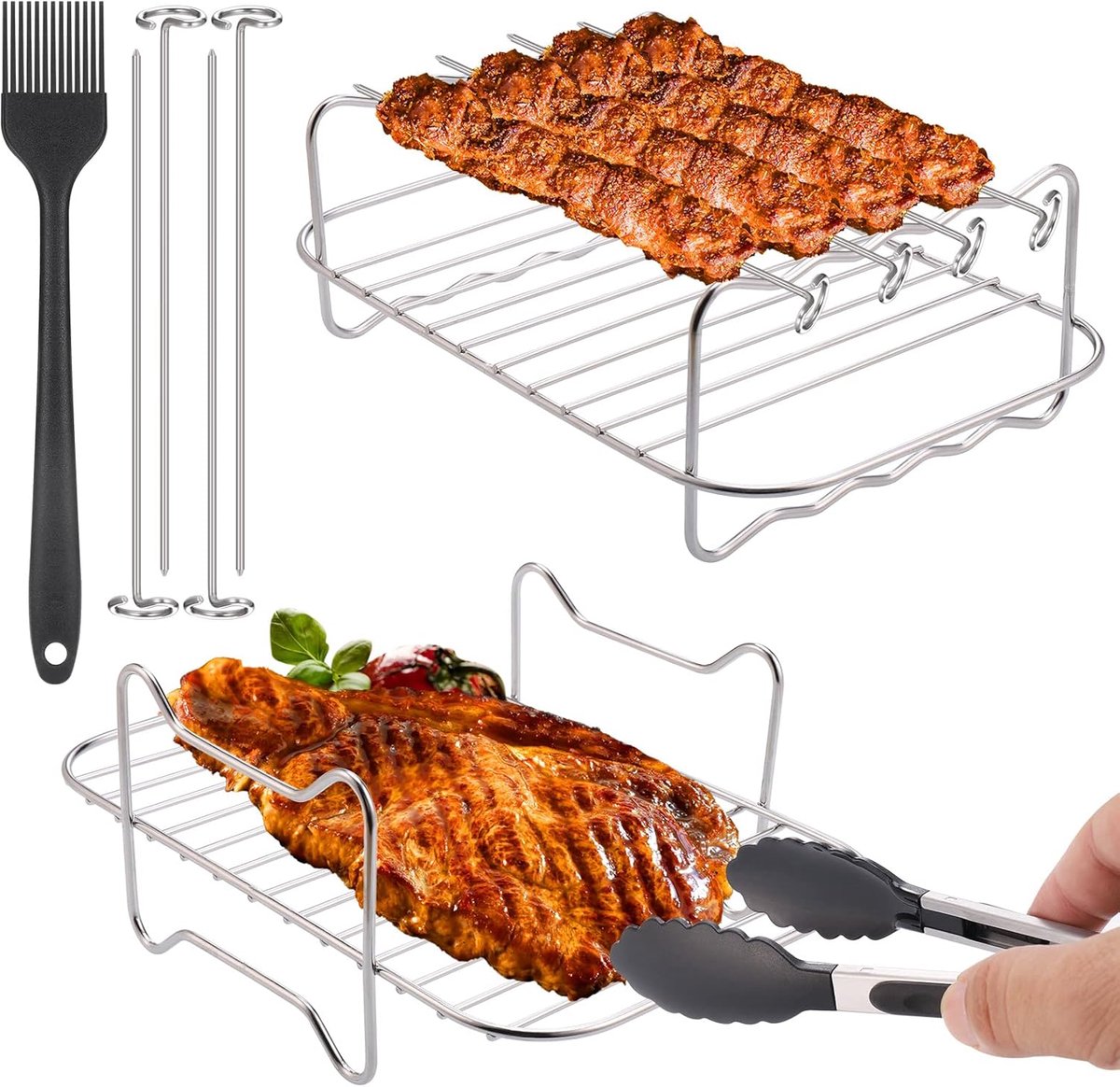 SnelShoppen - 4-delige Air Fryer Rack Set voor Dual Airfryer - Inclusief 4 Spiezen, 1 Oliekwast, 1 Keuken Tang - Geschikt voor Barbecue, Roosteren, Ko
