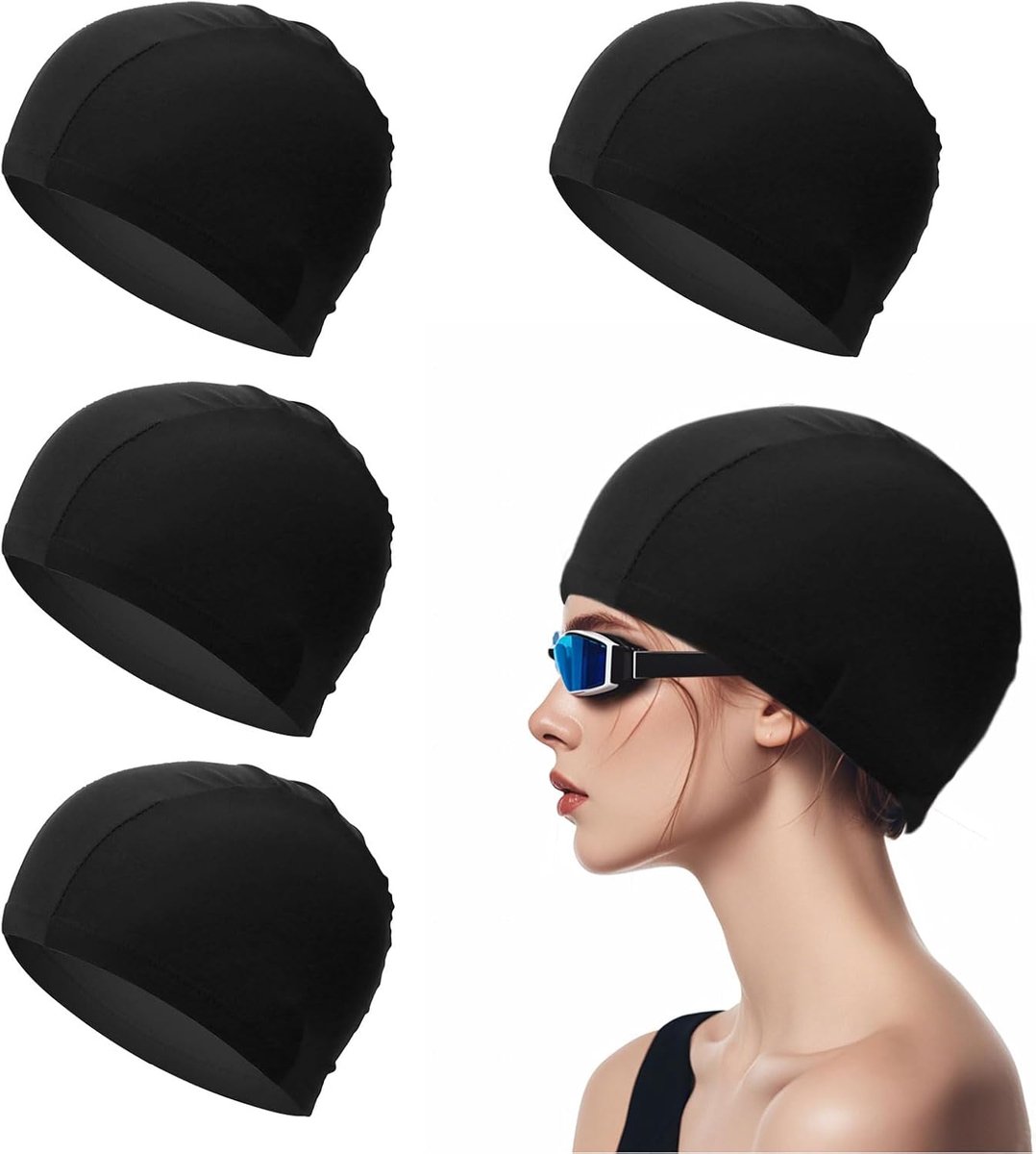 SnelShoppen - Pack van 4 Zwemcaps voor Kinderen en Volwassenen, Elastische Comfortabele Zwemhoed, Lichtgewicht Badkleding voor Wateractiviteiten (Zwar