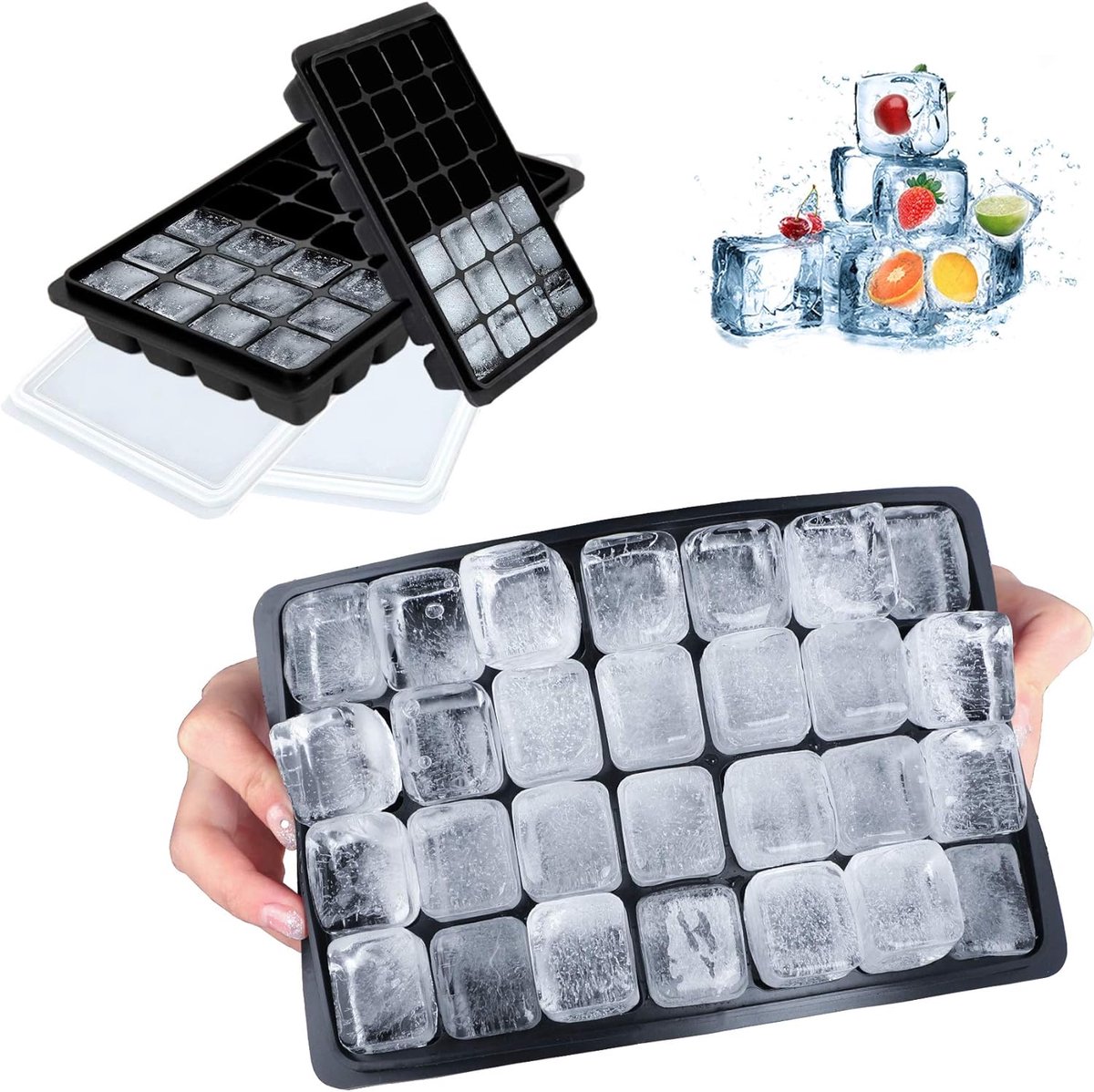 SnelShoppen - 2x Silicone IJsblokjesvormen met Deksel, BPA-vrij, 28 Compartimenten, Ideaal voor Cocktails, Whisky, Babyvoeding - Zwart